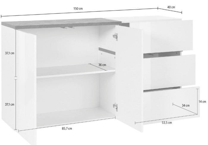 Madia moderna con 2 ante e 3 cassetti in finitura Bianco lucido e Pero, ZTC18111832