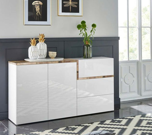 Madia moderna con 2 ante e 3 cassetti in finitura Bianco lucido e Pero, ZTC18111832