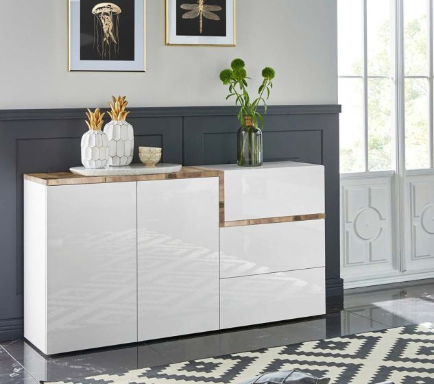 Madia moderna con 2 ante e 3 cassetti in finitura Bianco lucido e Pero, ZTC18111832