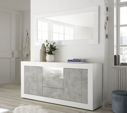 Madia moderna, 2 ante 2 cassetti in finitura Bianco Lucido e Cemento ZLCURBMAD1-BO