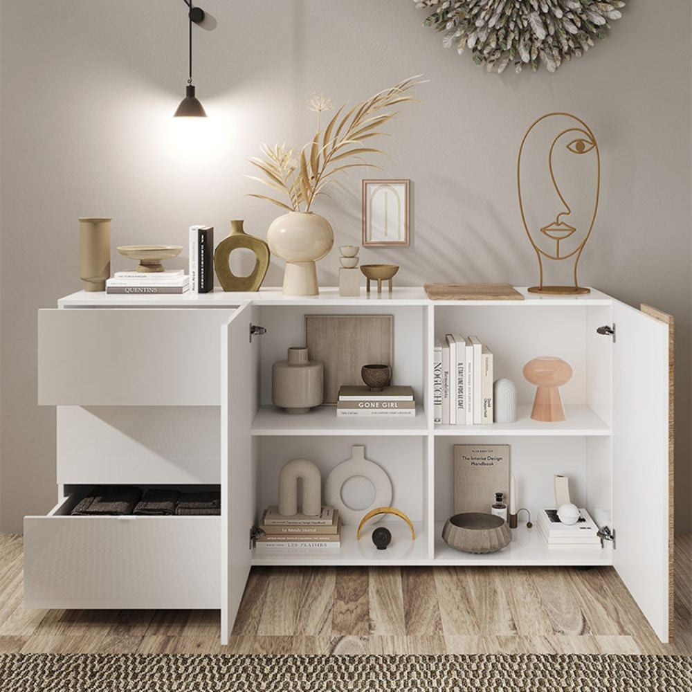 Madia 2 ante 3 cassetti Sabry colore bianco lucido rovere Kadiz