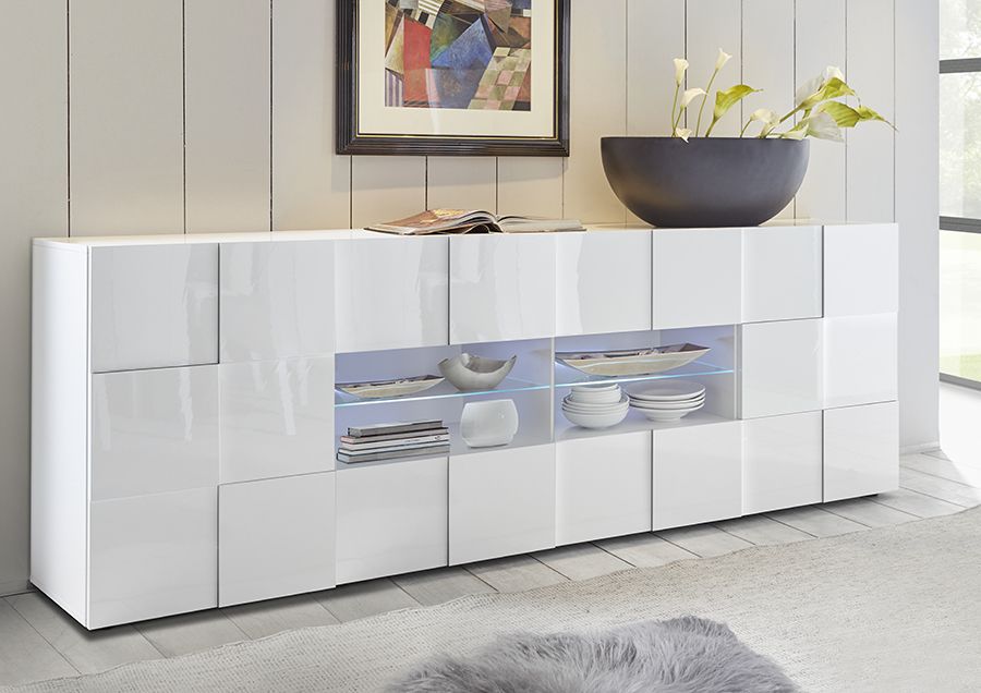 Credenza Moderna, Madia di Design, 2 ante e 4 cassetti, Bianco Lucido ZLCMS-MD2A4CBI