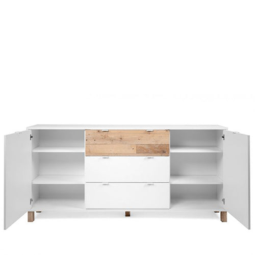 Madia Kilsbo con 2 ante e 3 cassetti in finitura Bianco opaco e Legno vecchio, ZFRMEN51A