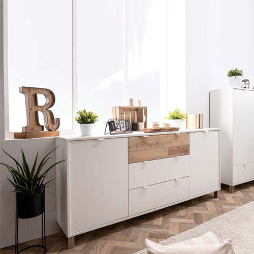 Madia Kilsbo con 2 ante e 3 cassetti in finitura Bianco opaco e Legno vecchio, ZFRMEN51A