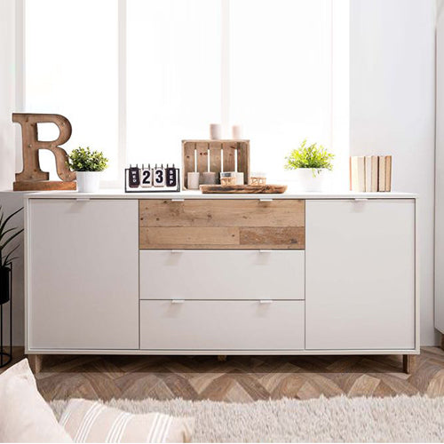 Madia Kilsbo con 2 ante e 3 cassetti in finitura Bianco opaco e Legno vecchio, ZFRMEN51A