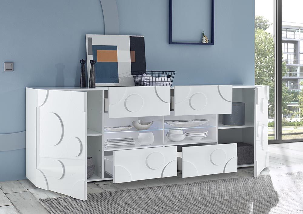 Madia Cerchio a 2 ante 4 cassetti, finitura bianco lucido, design moderno ZLCSHPRD3