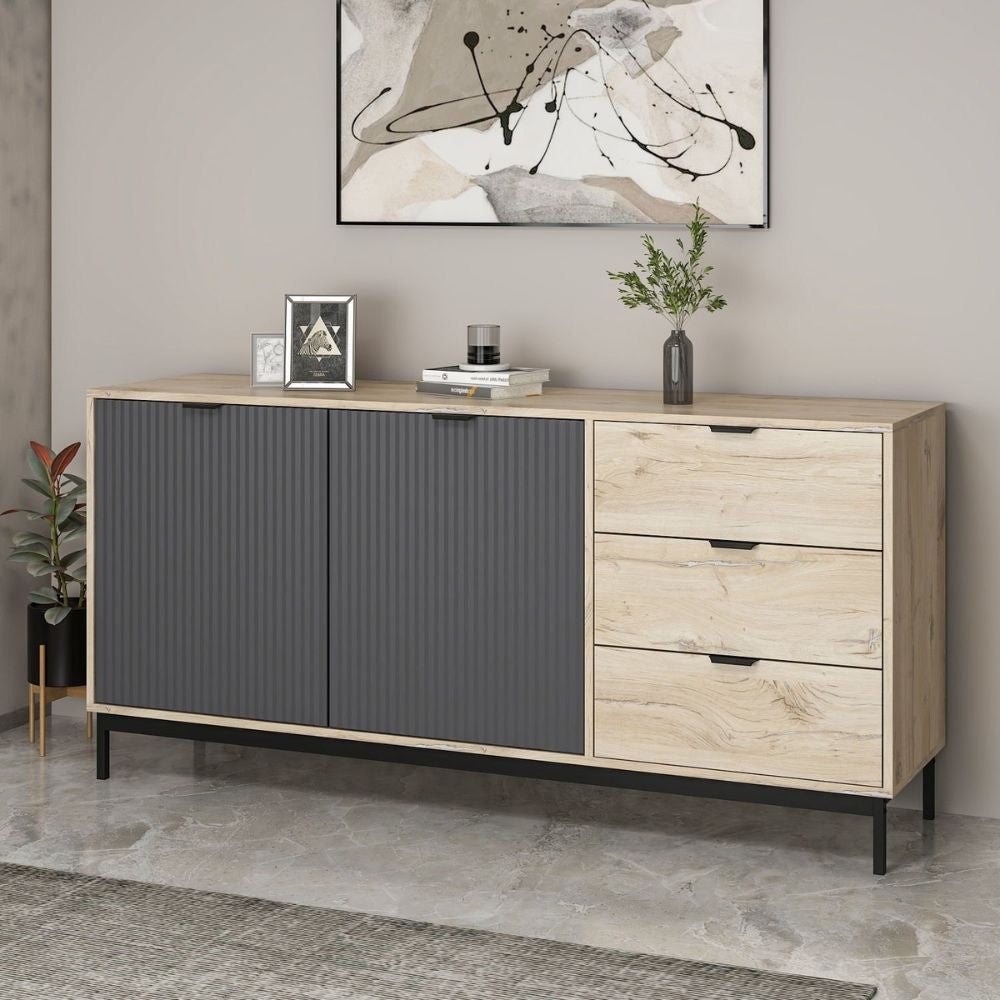 Madia Esta rovere chiaro e antracite con effetto cannettato 180x45x90H