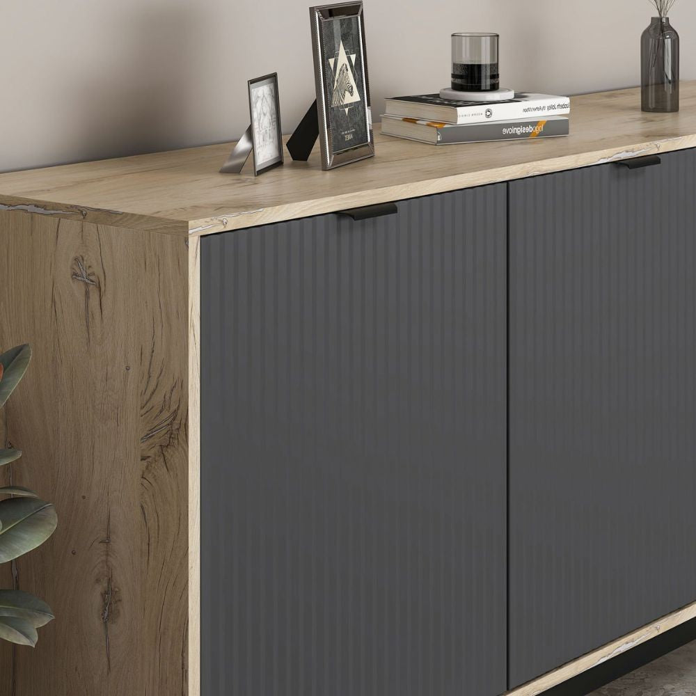 Madia Esta rovere chiaro e antracite con effetto cannettato 180x45x90H