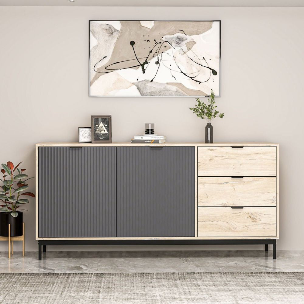 Madia Esta rovere chiaro e antracite con effetto cannettato 180x45x90H