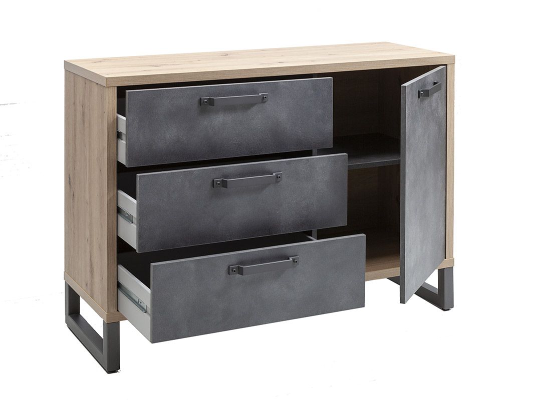 Madia / comò Industry con 3 cassetti e un'anta in finitura Rovere e Grigio smoke ZCMFAB610