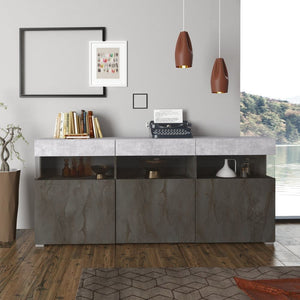 Madia Itaca 3 ante ossido e cemento con dettagli in vetro 180x41.2x80H – Ordine ed Eleganza