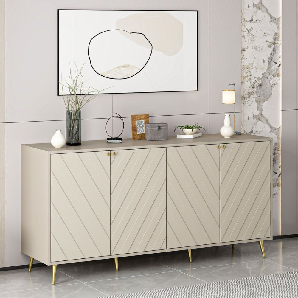 Madia Jana 4 Ante colore cashmere con intagli geometrici maniglie e piedini Oro – Eleganza e Funzionalità per il Tuo Living