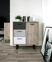 Madia Lappo di design con gambe in metallo, 1 anta 3 cassetti, finitura Quercia, Bianca, Grigio e Antracite, ZFRM1A3CQB