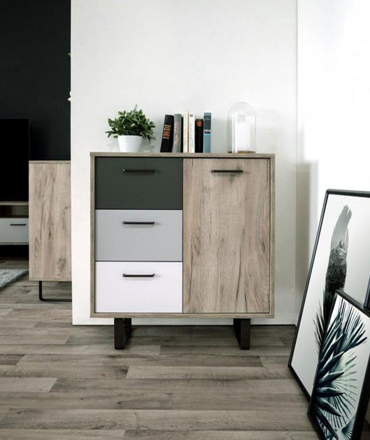 Madia Lappo di design con gambe in metallo, 1 anta 3 cassetti, finitura Quercia, Bianca, Grigio e Antracite, ZFRM1A3CQB
