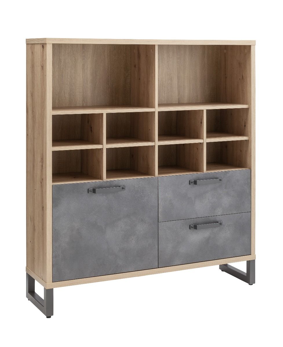 Libreria Industry per ufficio con 2 cassetti e un'anta in finitura Rovere e Grigio smoke, ZCMLFBLB2108