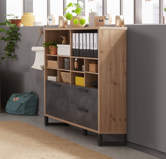 Libreria Industry per ufficio con 2 cassetti e un'anta in finitura Rovere e Grigio smoke, ZCMLFBLB2108