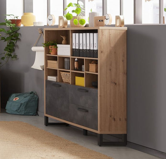 Libreria Industry per ufficio con 2 cassetti e un'anta in finitura Rovere e Grigio smoke, ZCMLFBLB2108