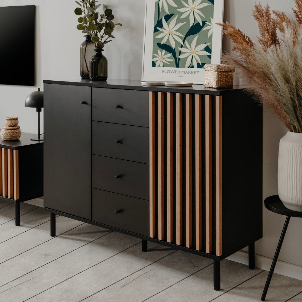 Madia moderna 2 ante e 4 cassetti nero con listelli rovere Monza01B 118x40x90H