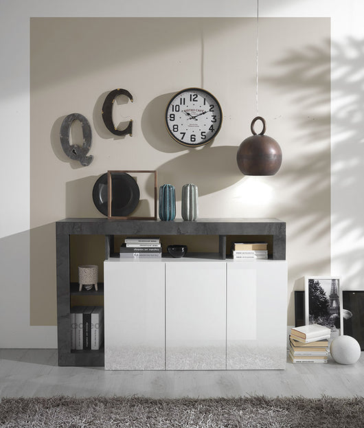 Madia moderna 3 ante  bianco laccato lucido e ossido, ZLCHNMAD3O