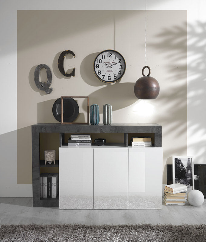 Madia moderna 3 ante  bianco laccato lucido e ossido, ZLCHNMAD3O