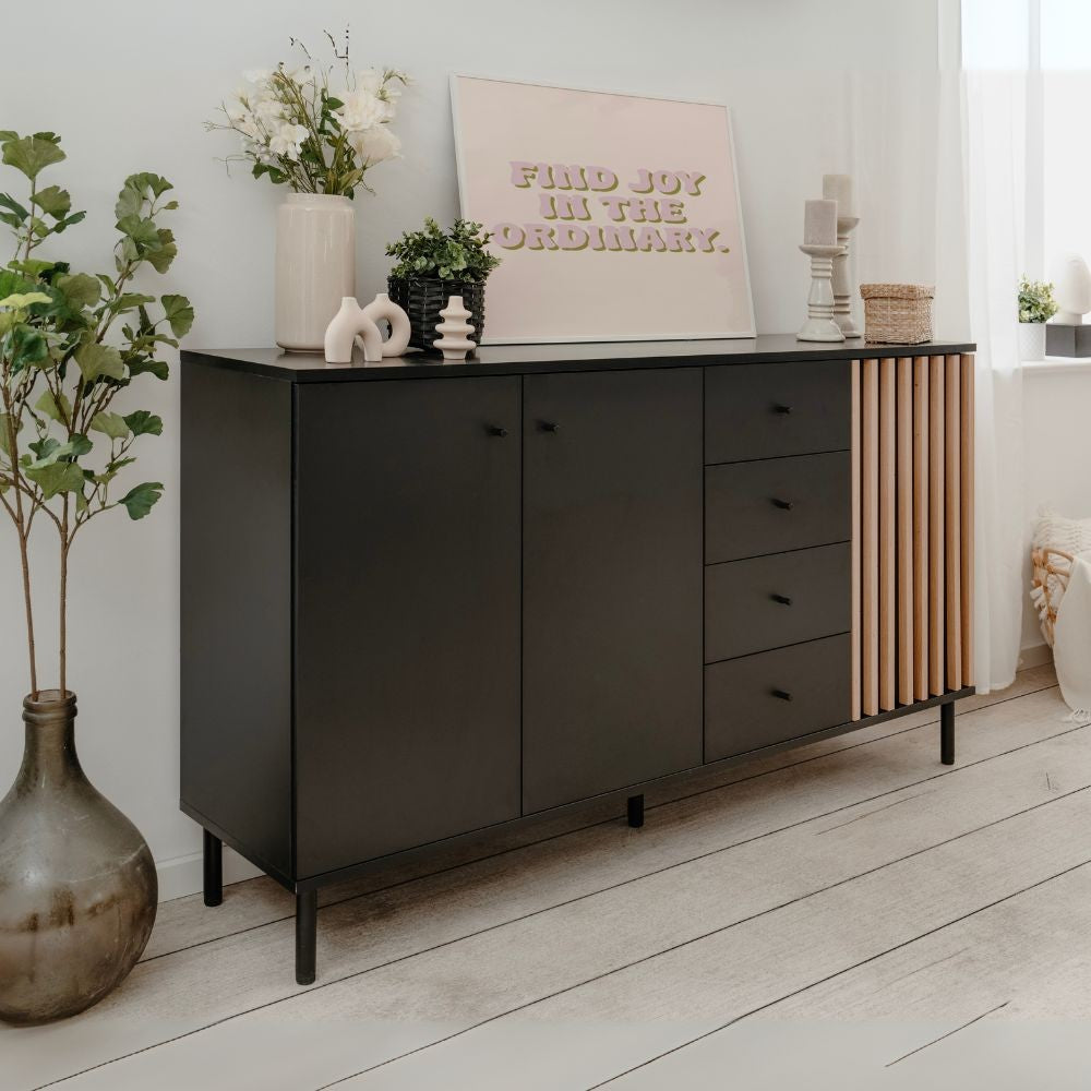 Madia moderna 3 ante e 4 cassetti nero con listelli rovere Monza 51C 160x40x90H