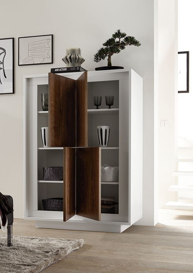 Credenza moderna alta Bianco Opaco e Cognac, ZLCSKY-MBCO