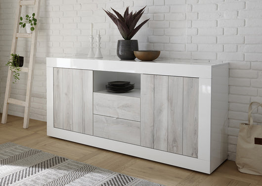 Madia moderna, 2 ante 2 cassetti in finitura Pino Bianco e Bianco Lucido, ZLCURBMAD1