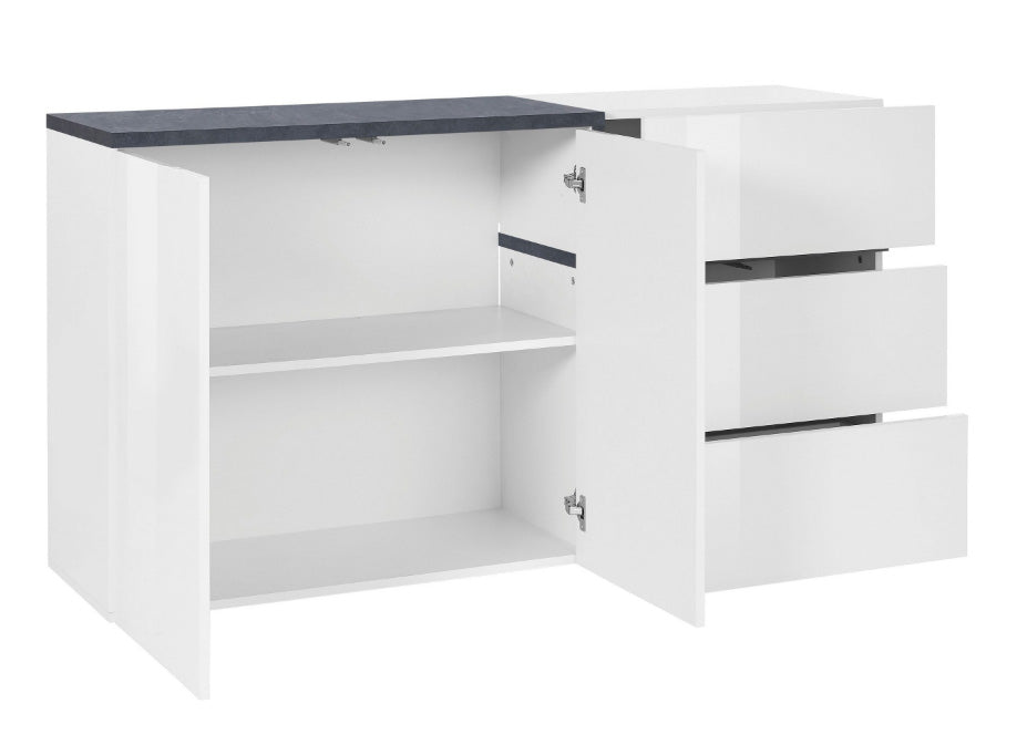 Madia moderna con 2 ante e 3 cassetti in finitura Bianco lucido e Ardesia, ZTC95866458