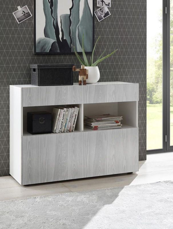 Sala moderna composta da parete attrezzata e madia, finitura Grigio Artico, Gesso e Bianco Lucido, ZLCAINFSAL