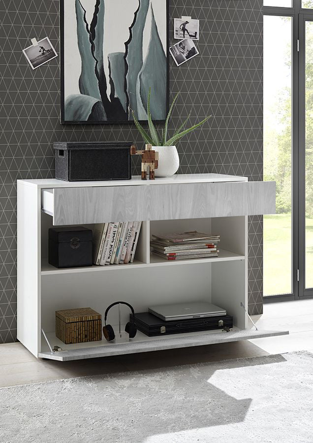 Sala moderna composta da parete attrezzata e madia, finitura Grigio Artico, Gesso e Bianco Lucido, ZLCAINFSAL
