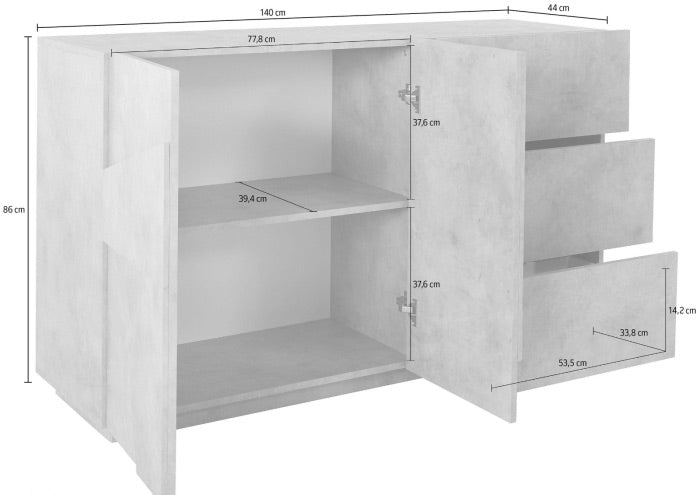 Madia moderna con 3 cassetti e 2 ante con disegno geometrico in Beton, ZTCA44216837