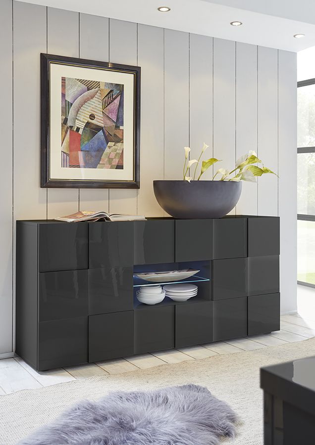 Credenza Moderna, Madia di Design, 2 ante e 2 cassetti, Grigio Lucido, ZLCMS-MD2A2CGR