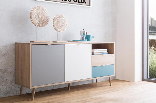 Madia Lavik con gambe in legno, 2 ante 2 cassetti, finitura Quercia, Bianca, Petrolio e Grigia, ZFRMADCB51