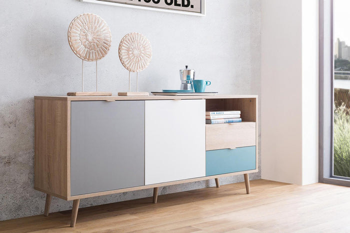 Madia Lavik con gambe in legno, 2 ante 2 cassetti, finitura Quercia, Bianca, Petrolio e Grigia, ZFRMADCB51