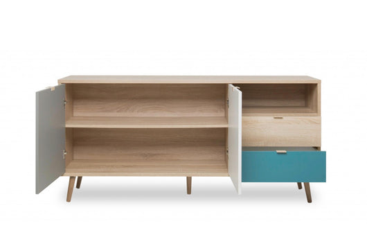 Madia Lavik con gambe in legno, 2 ante 2 cassetti, finitura Quercia, Bianca, Petrolio e Grigia, ZFRMADCB51