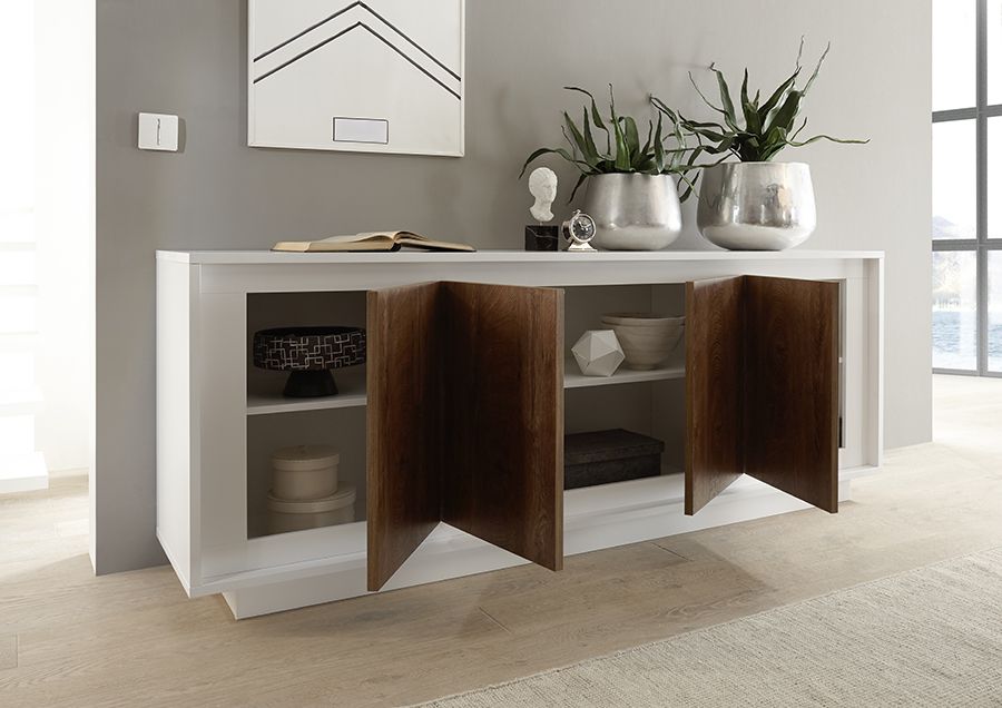 Credenza Moderna, Madia di Design, 4 ante, Bianco Opaco con frontali Cognac ZLCSKY-CBCO
