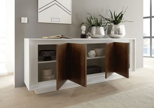 Credenza Moderna, Madia di Design, 4 ante, Bianco Opaco con frontali Cognac ZLCSKY-CBCO