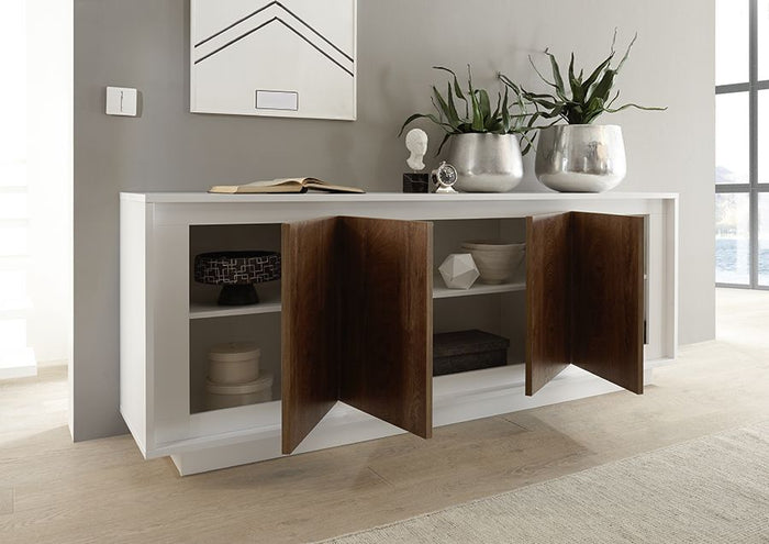 Credenza Moderna, Madia di Design, 4 ante, Bianco Opaco con frontali Cognac ZLCSKY-CBCO