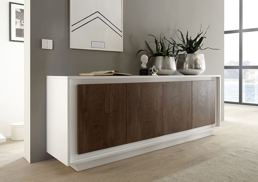 Credenza Moderna, Madia di Design, 4 ante, Bianco Opaco con frontali Cognac ZLCSKY-CBCO