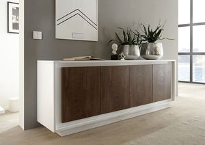 Credenza Moderna, Madia di Design, 4 ante, Bianco Opaco con frontali Cognac ZLCSKY-CBCO