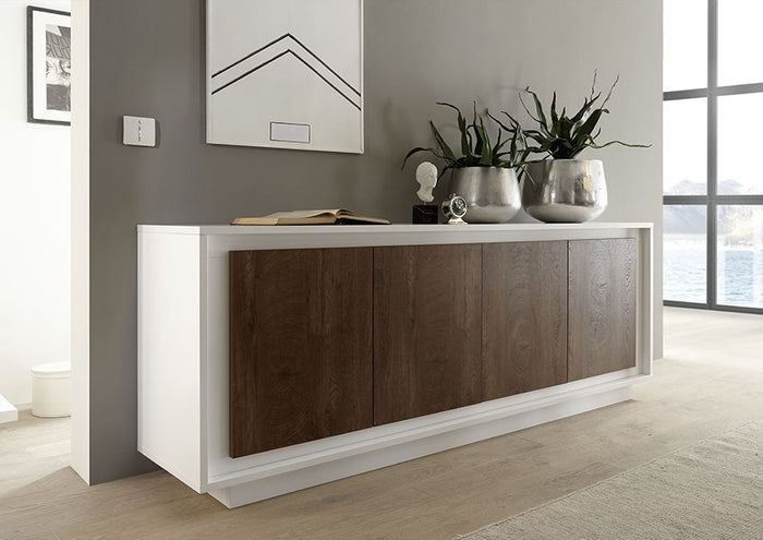 Credenza Moderna, Madia di Design, 4 ante, Bianco Opaco con frontali Cognac ZLCSKY-CBCO
