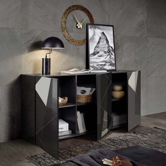 Credenza moderna serigrafata con 3 ante e specchi, Grigio lucido ZLCMADDIAN3-G