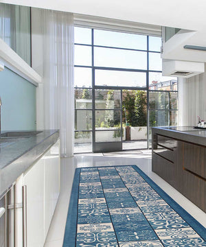 Tappeto disegno MAIOLICA BLU JEANS decorazione piastrelle ceramica, passatoia cucina multiuso lavabile in lavatrice e anti-scivolo cm.55x115