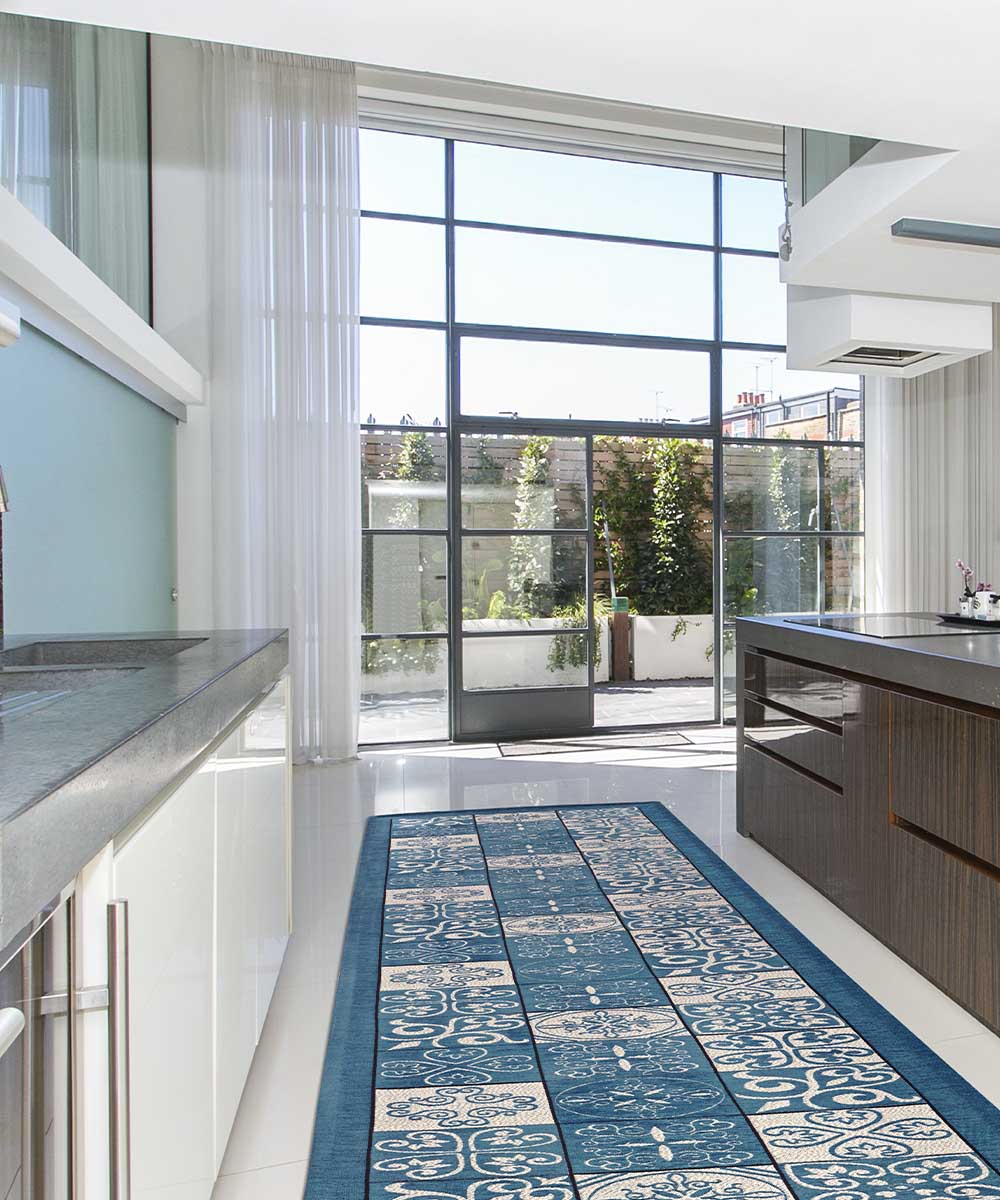 Tappeto disegno MAIOLICA BLU JEANS decorazione piastrelle ceramica, tappetino bagno multiuso lavabile in lavatrice e anti-scivolo cm.55x80