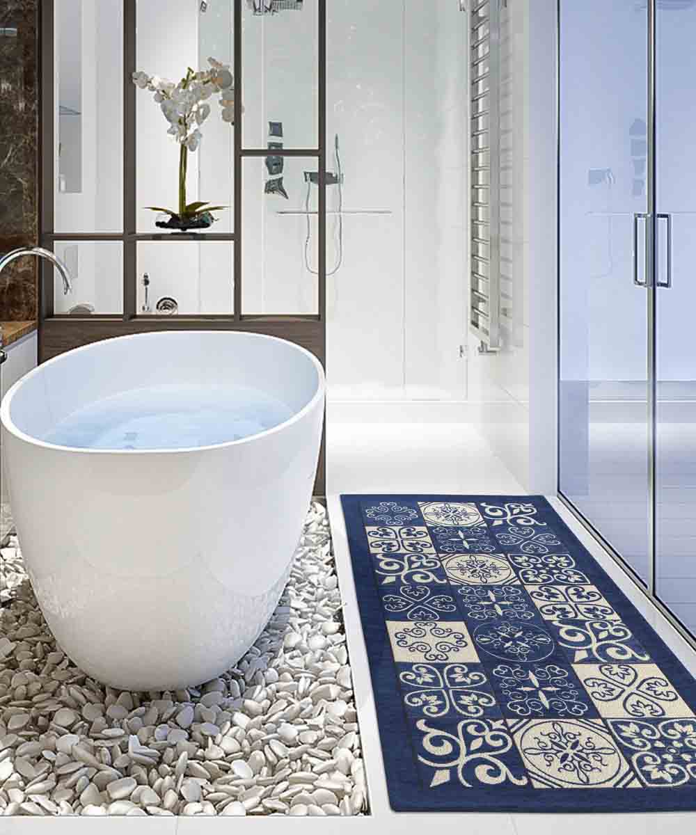 Tappeto disegno MAIOLICA BLU decorazione piastrelle ceramica, tappetino bagno multiuso lavabile in lavatrice e anti-scivolo cm.55x80