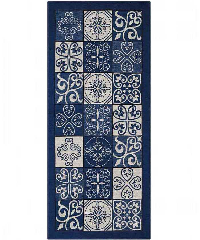Tappeto disegno MAIOLICA BLU decorazione piastrelle ceramica, tappetino bagno multiuso lavabile in lavatrice e anti-scivolo cm.55x80