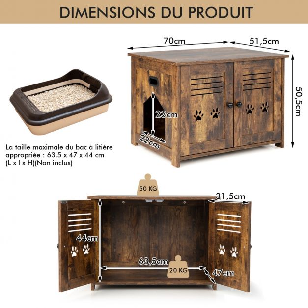 Toilette per gatti a doppia porta, fori di ventilazione laterali 70 x 51,5 x 50 cm marrone rustico 20_0008834