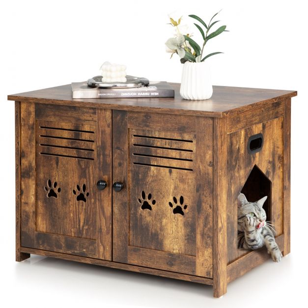 Toilette per gatti a doppia porta, fori di ventilazione laterali 70 x 51,5 x 50 cm marrone rustico 20_0008834