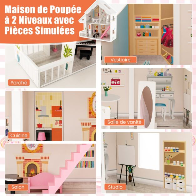 Casa delle bambole semiaperta in legno fai-da-te per bambini con parti e mobili simulati 2 grandi lucernari per bambini dai 3 anni in su Bianco 20_0006743