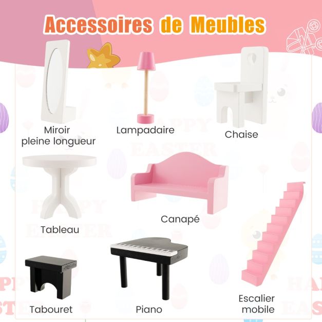 Casa delle bambole semiaperta in legno fai-da-te per bambini con parti e mobili simulati 2 grandi lucernari per bambini dai 3 anni in su Bianco 20_0006743